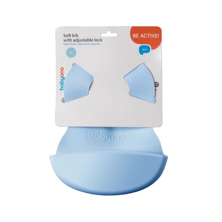 BabyOno, miękki śliniak z kieszonką i regulowanym zapięciem, błękitny