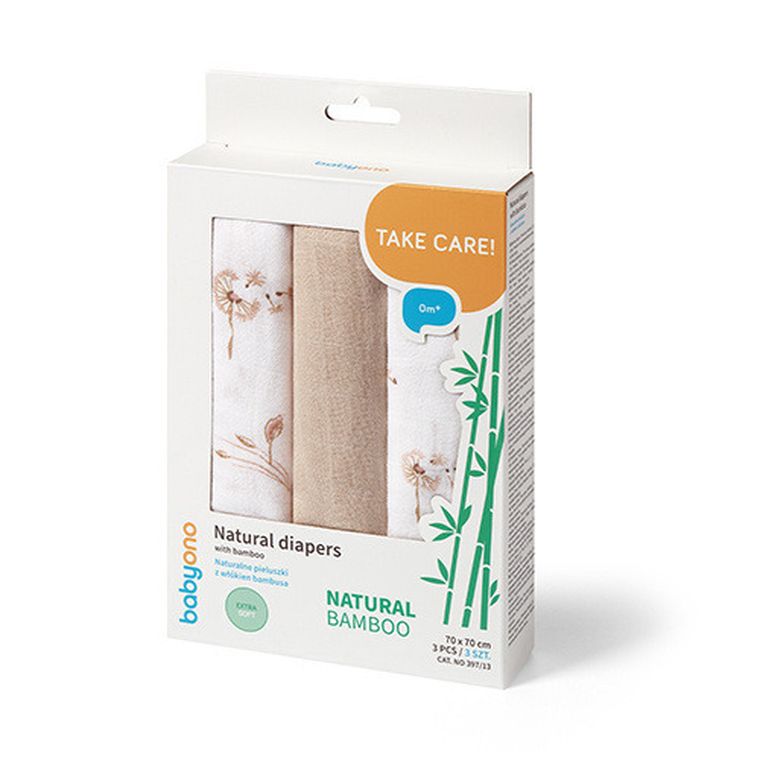 BabyOno, Natural Bamboo, naturalne pieluszki z włókien bambusa, beżowy, 70-70 cm, 3 szt.