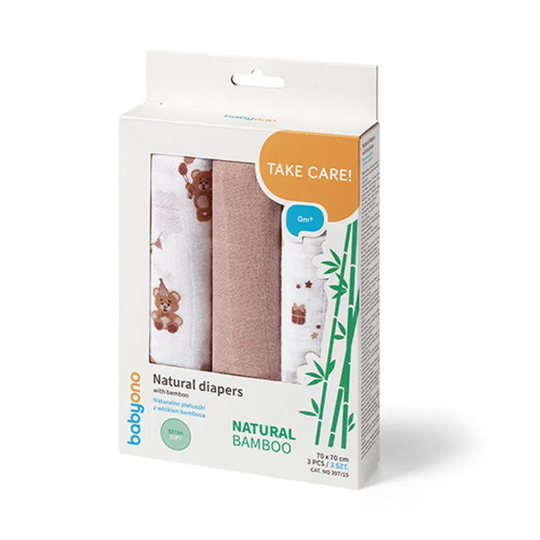 BabyOno, Natural Bamboo, naturalne pieluszki z włókien bambusa, brązowy, 70-70 cm, 3 szt.