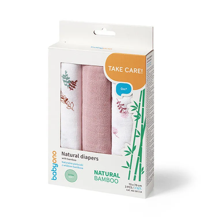 BabyOno, Natural Bamboo, naturalne pieluszki z włókien bambusa, różowy, 70-70 cm, 3 szt.