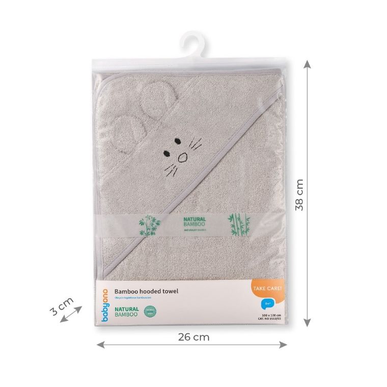 BabyOno, okrycie kąpielowe, bambusowe z kapturkiem, szare, 100-100 cm
