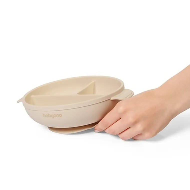 BabyOno, silikonowy talerzyk z przyssawką i przykrywką, beżowy