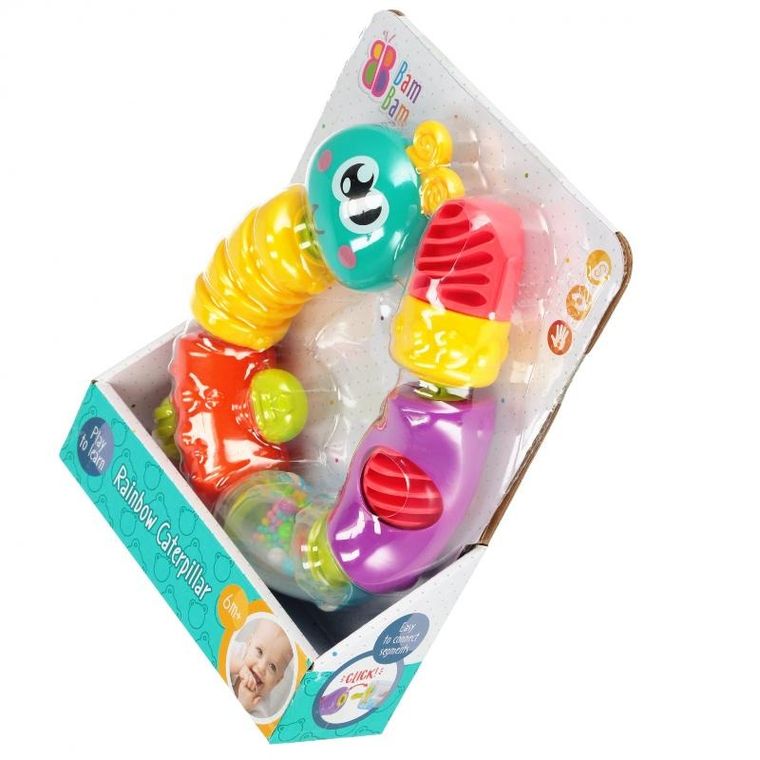 Bam Bam, zabawka sensoryczna, grzechotka, gąsienica
