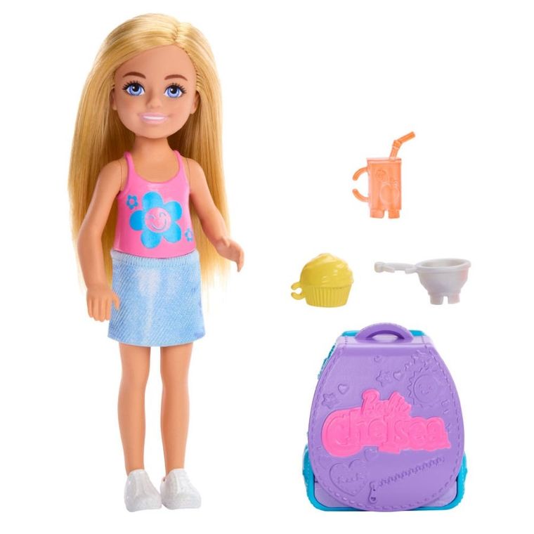 Barbie, Chelsea, plecak z babeczką, zestaw z lalką i akcesoriami