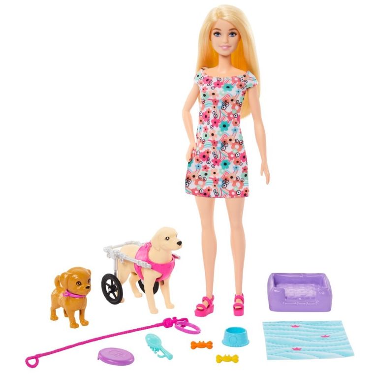 Barbie, Lalka i piesek na wózku, zestaw do zabawy