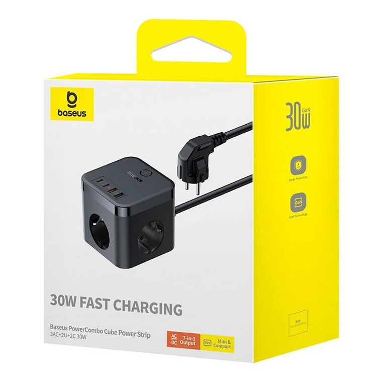 Baseus, PowerCombo, listwa zasilająca, 1,5m, czarny, 3AC+2U+2C, 30W, EU