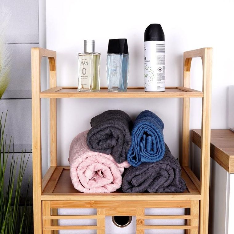 Bathroom Solutions, regał łazienkowy z koszem na pranie, bambusowy