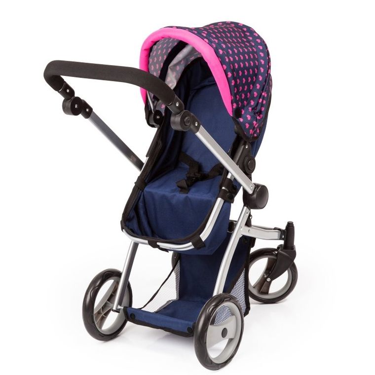 Bayer Design, Combi Grande Mega, głęboki wózek dla lalek, zestaw z łóżkiem turystycznym, nosidełkiem i akcesoriami, granatowo-różowy