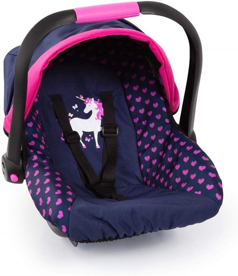 Bayer Design, Deluxe, fotelik samochodowy dla lalek z baldachimem, granatowo-różowy z jednorożcem