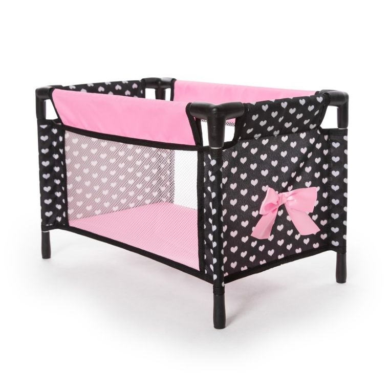 Bayer Design, zestaw podróżny dla lalek: łóżeczko turystyczne, krzesełko do karmienia, mata, torba, akcesoria, czarno-różowy