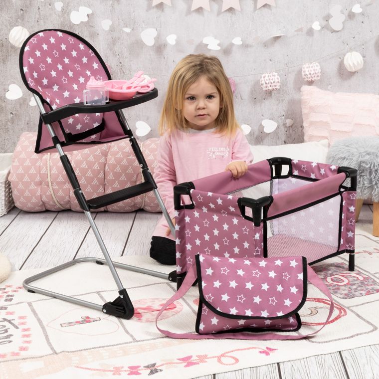 Bayer Design, zestaw podróżny dla lalek: łóżeczko turystyczne, krzesełko do karmienia, torba, akcesoria, 9w1, różowy