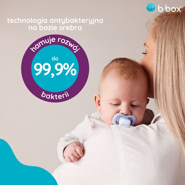 b.box, Glow in the dark, smoczek symetryczny, 0-6m, błękit/szałwia, 2 szt.