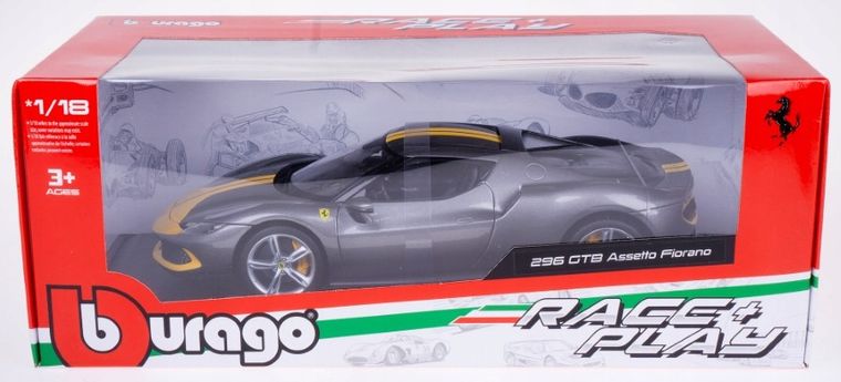 Bburago, Ferrari, 296 GTB Assetto, model pojazdu, grey/yellow, 1:18