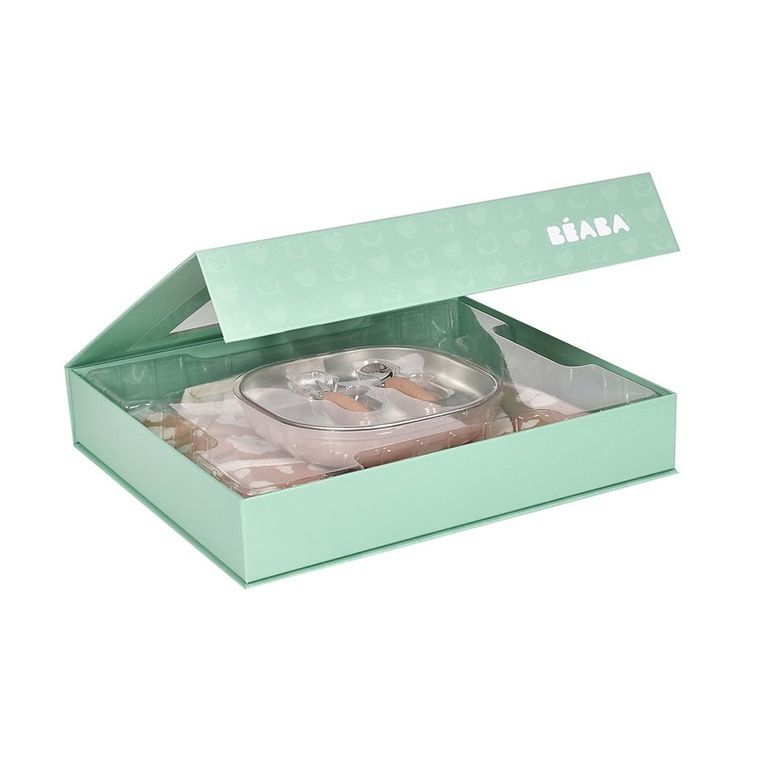 Beaba, First Meals 3w1, zestaw prezentowy: talerzyk + zestaw sztućców + śliniak, savannah bloom