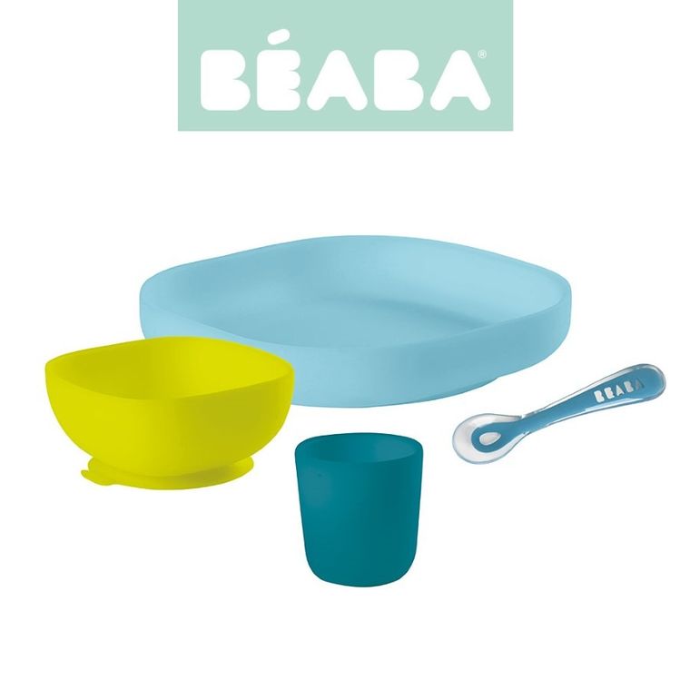 Beaba, komplet naczyń z silikonu z przyssawką, niebieski