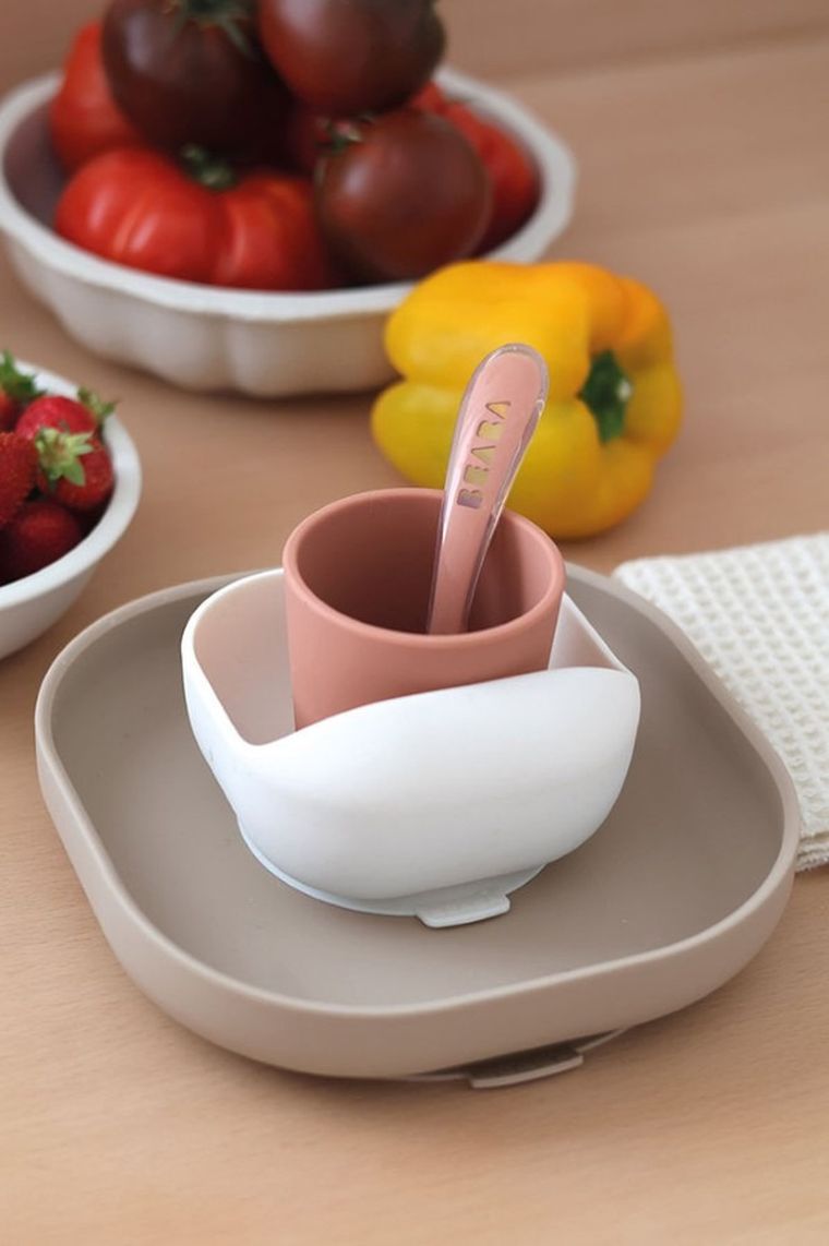 Beaba, komplet naczyń z silikonu z przyssawką, terracotta
