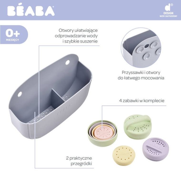 Beaba, silikonowy zestaw do kąpieli: zabawki Mint/multi colors i kosz do przechowywania Pebble