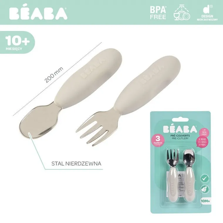 Beaba, zestaw pierwszych sztućców ze stali nierdzewnej, szary