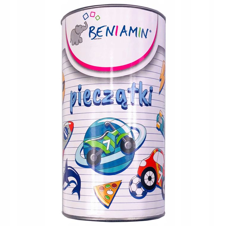 Beniamin, pieczątki drewniane w tubie, 12 elementów