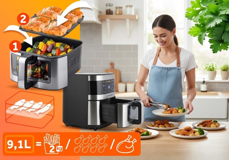 Berdsen, frytkownica beztłuszczowa, air fryer, 1700W, srebrny, 9,1l, BD-656