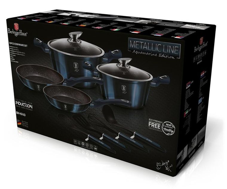 Berlinger Haus, Aquamarine, zestaw: garnki granitowe z pokrywą + patelnie + akcesoria, 10 elementów