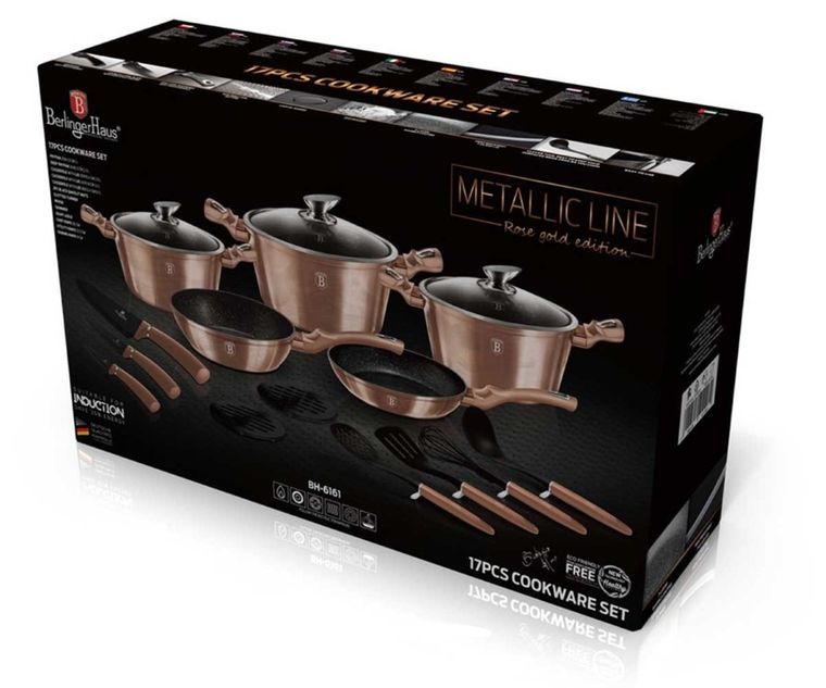 Berlinger Haus, Rose Gold, zestaw: garnki granitowe z pokrywą + patelnie + akcesoria, 17 elementów