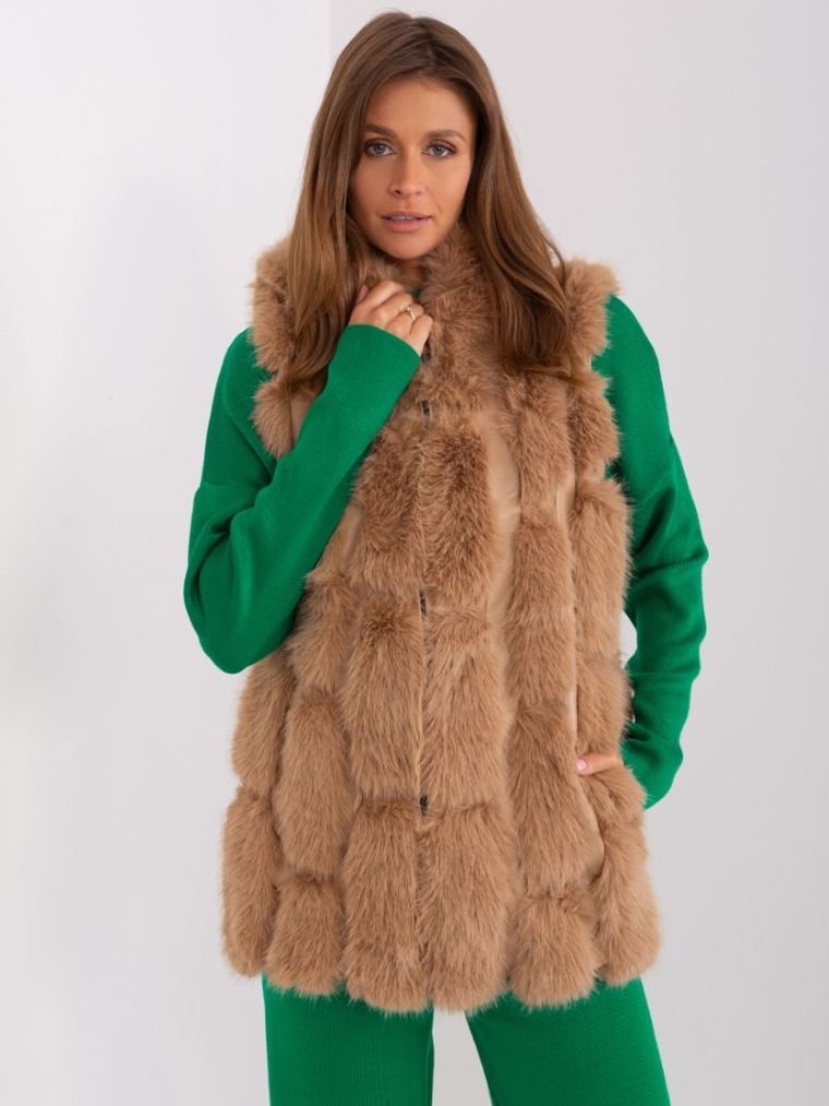 Bezrękawnik damski z kapturem, beżowy, Italy Moda