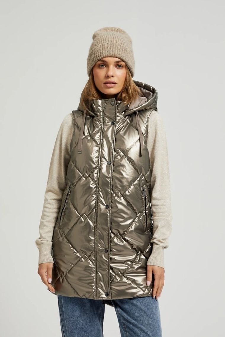 Bezrękawnik damski z kapturem, beżowy, Moodo