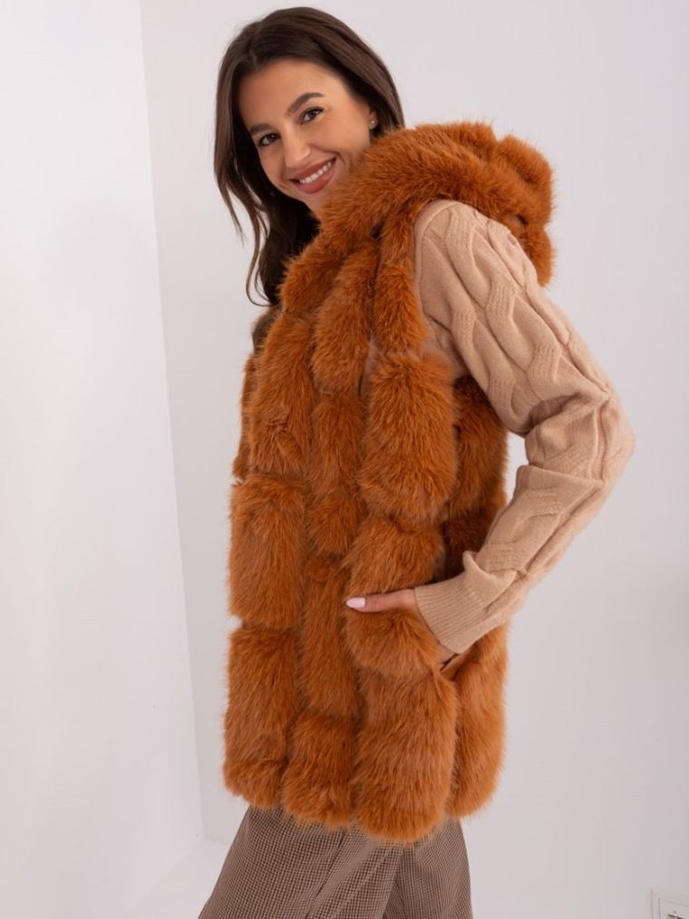 Bezrękawnik damski z kapturem, brązowy, Italy Moda