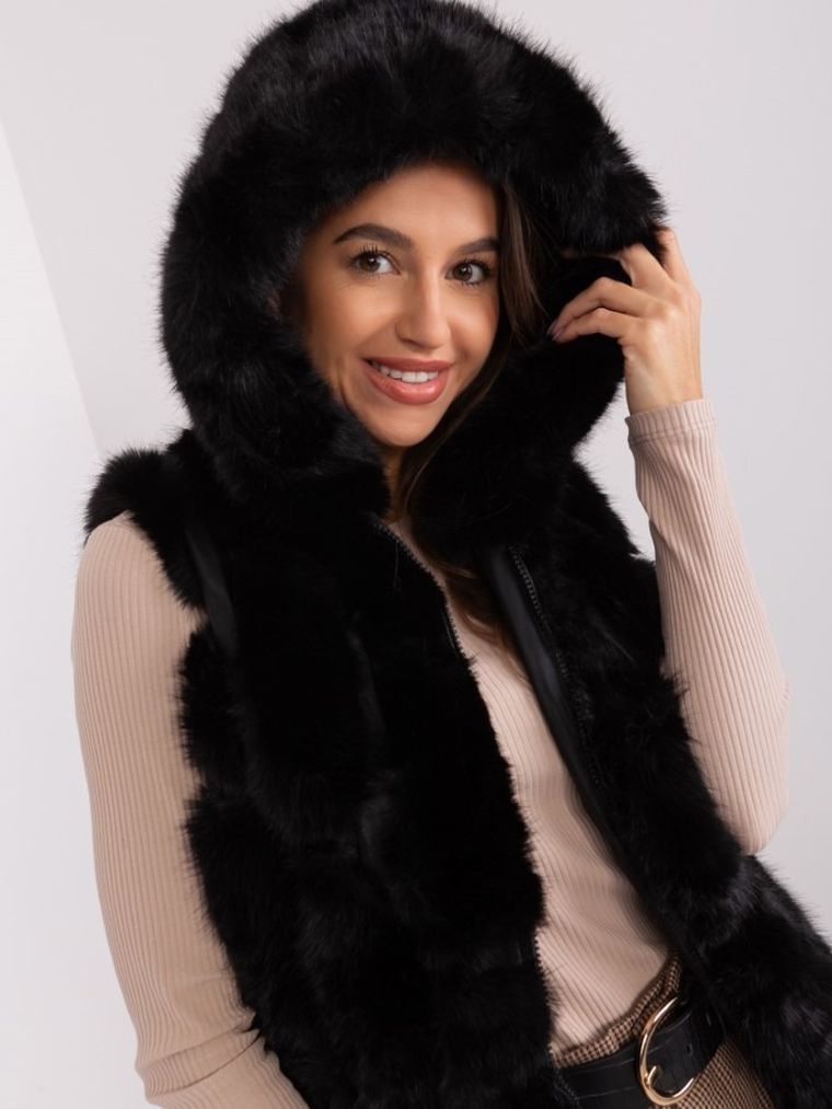 Bezrękawnik damski z kapturem, czarny, Italy Moda