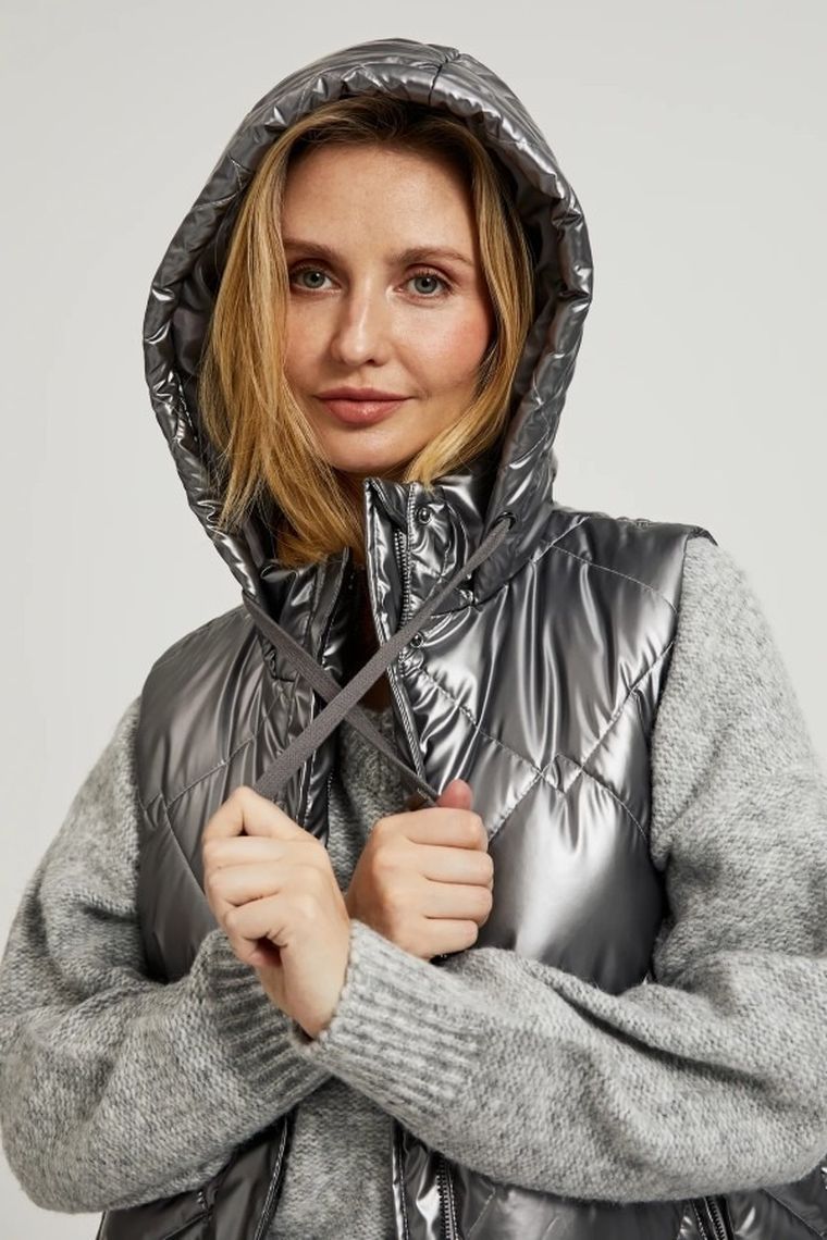 Bezrękawnik damski z kapturem, srebrny, Moodo