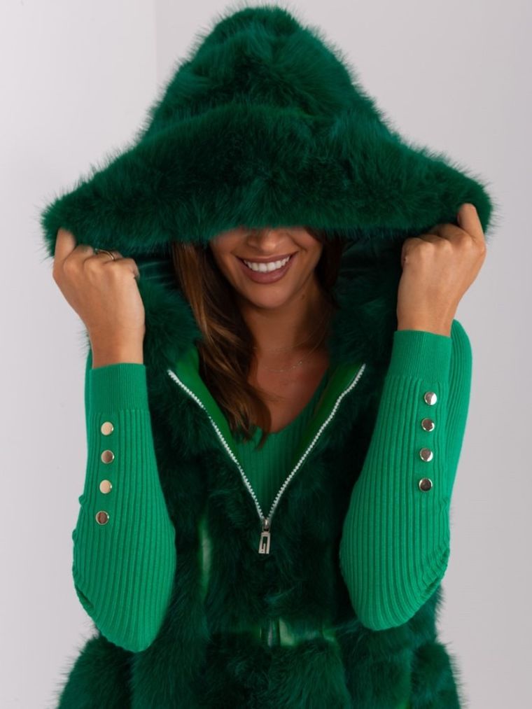 Bezrękawnik damski z kapturem, zielona, Italy Moda