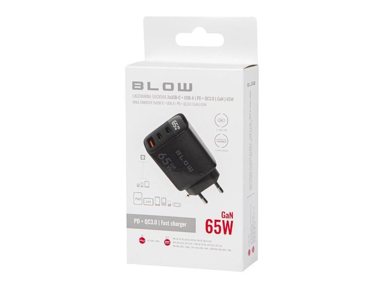 Blow, ładowarka sieciowa LCD, USB + USB-CX2, PD, 65W, GAN, watomierz, czarna