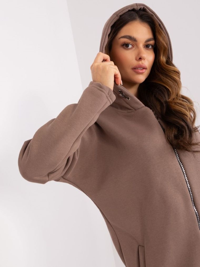 Bluza damska z kapturem, rozpinana, brązowa, Relevance
