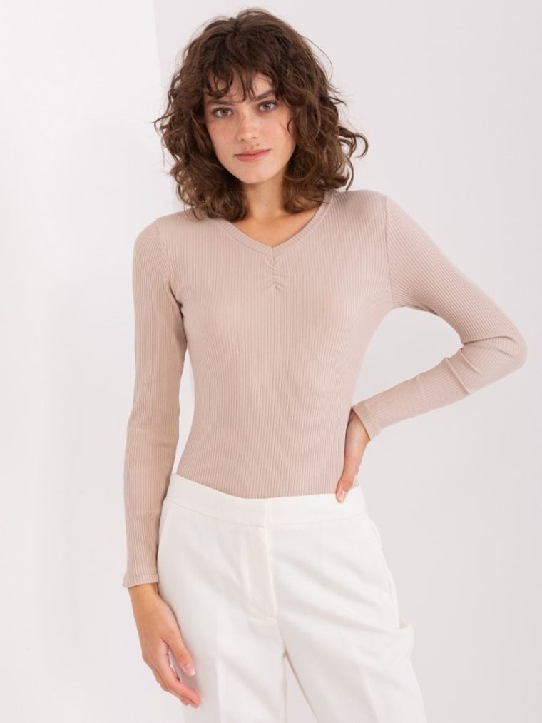 Bluzka damska z długim rękawem, beżowa, Basic Feel Good