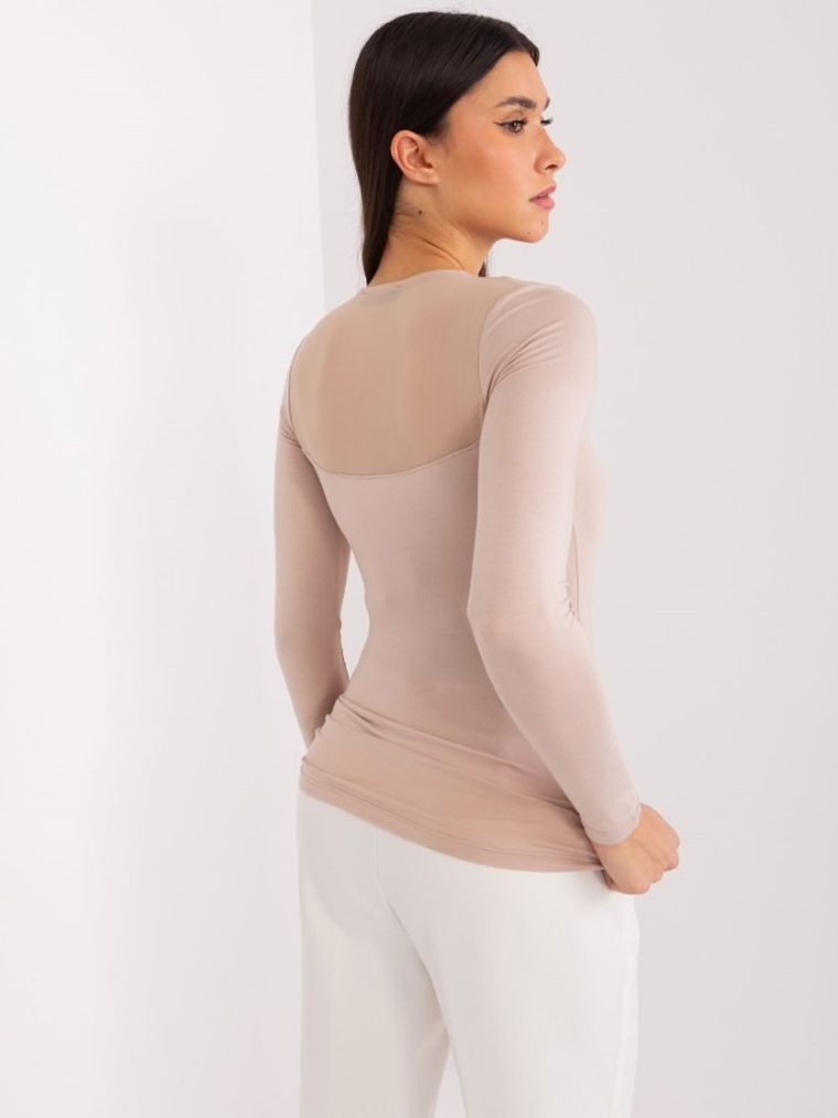 Bluzka damska z długim rękawem, beżowa, Basic Feel Good