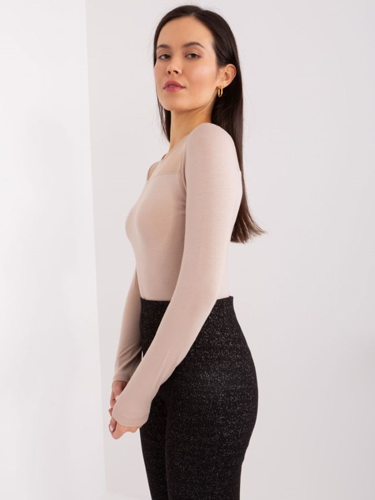 Bluzka damska z długim rękawem, beżowa, Basic Feel Good