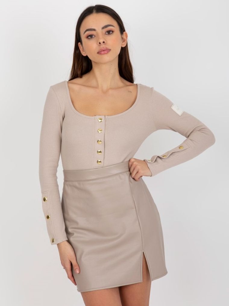 Bluzka damska z długim rękawem, beżowa, Och Bella