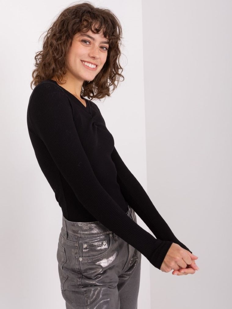 Bluzka damska z długim rękawem, czarna, Basic Feel Good