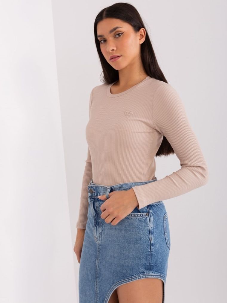Bluzka damska z długim rękawem, prążkowana, beżowa, Basic Feel Good