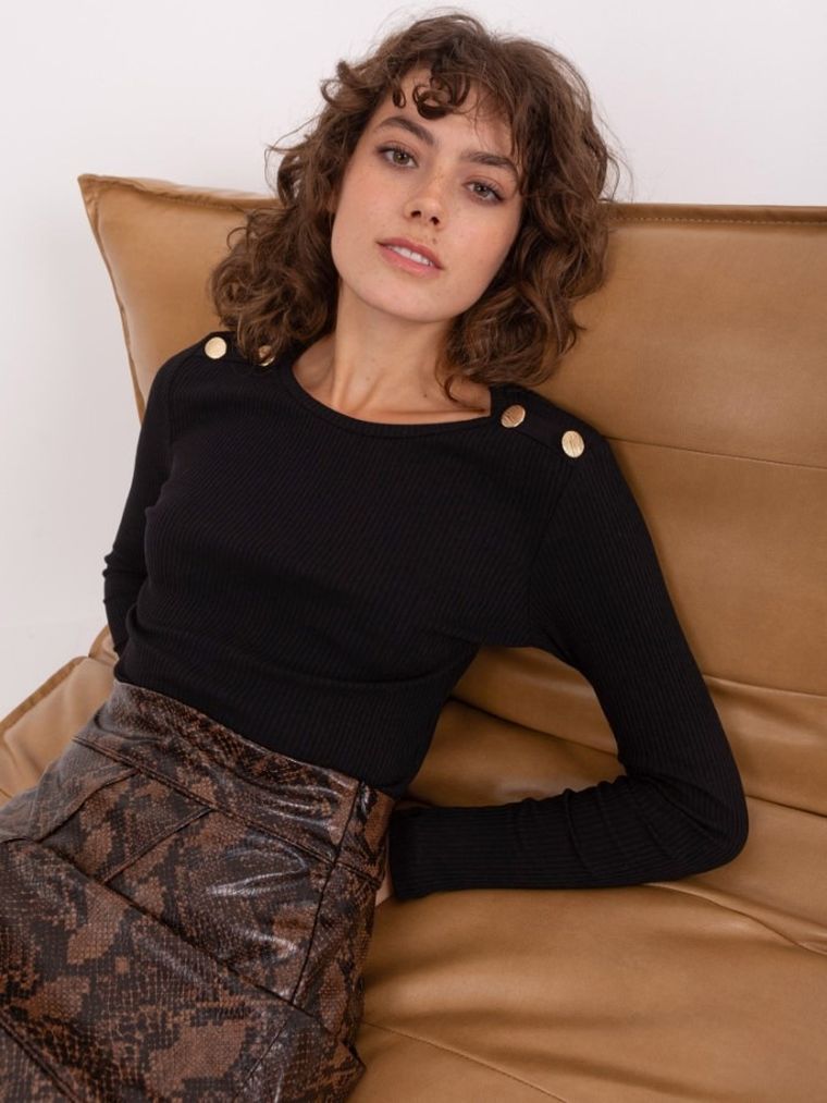 Bluzka damska z długim rękawem, prążkowana, czarna, Basic Feel Good