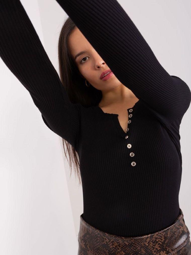 Bluzka damska z długim rękawem, prążkowana, czarna, Basic Feel Good