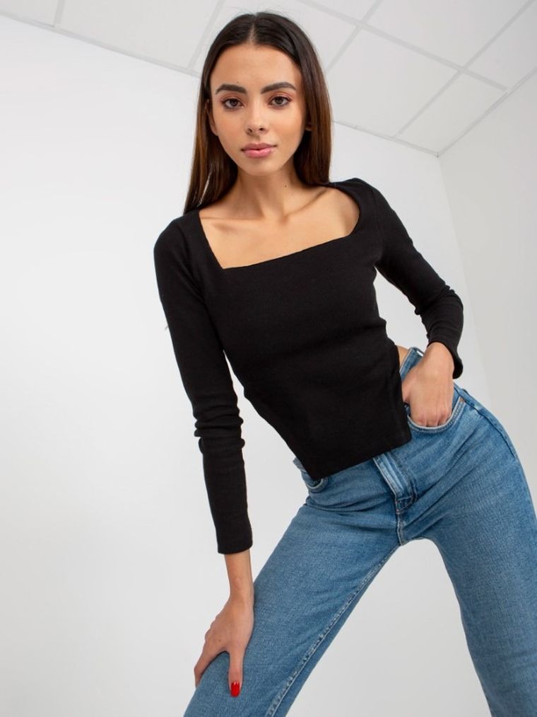 Bluzka damska z długim rękawem, prążkowana, czarna, Och Bella