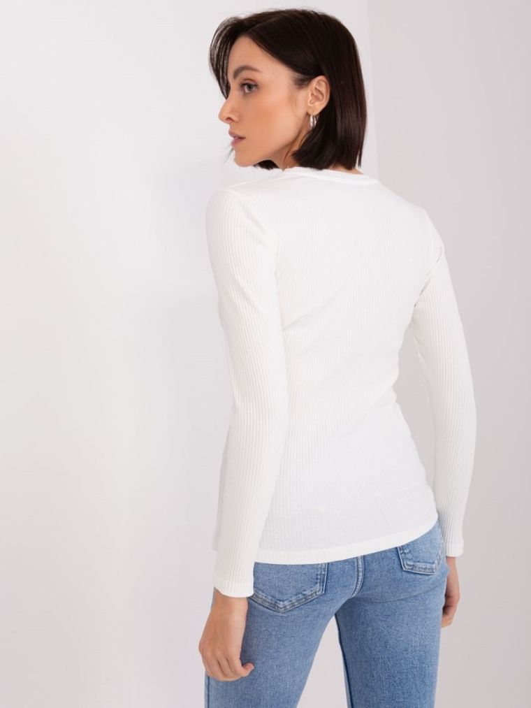 Bluzka damska z długim rękawem, prążkowana, ecru, Basic Feel Good