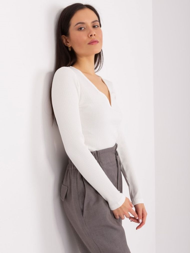 Bluzka damska z długim rękawem, prążkowana, ecru, Basic Feel Good