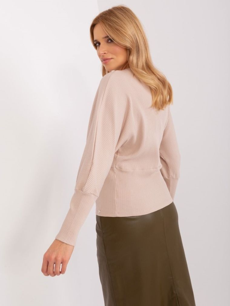 Bluzka damska z długim rękawem, prążkowana, oversize, beżowa, Basic Feel Good