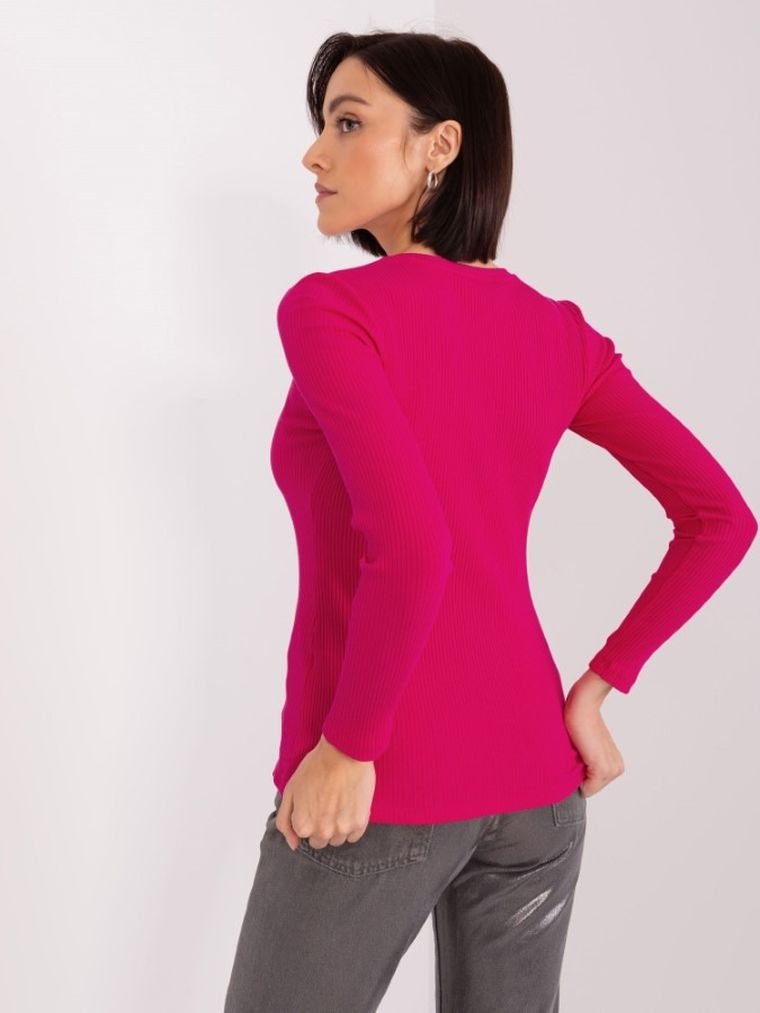 Bluzka damska z długim rękawem, prążkowana, różowa, Basic Feel Good