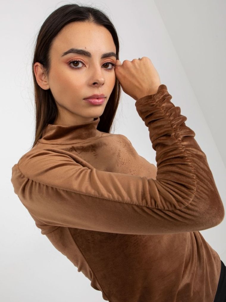 Bluzka damska z długim rękawem, welurowa, brązowa, Rue Paris