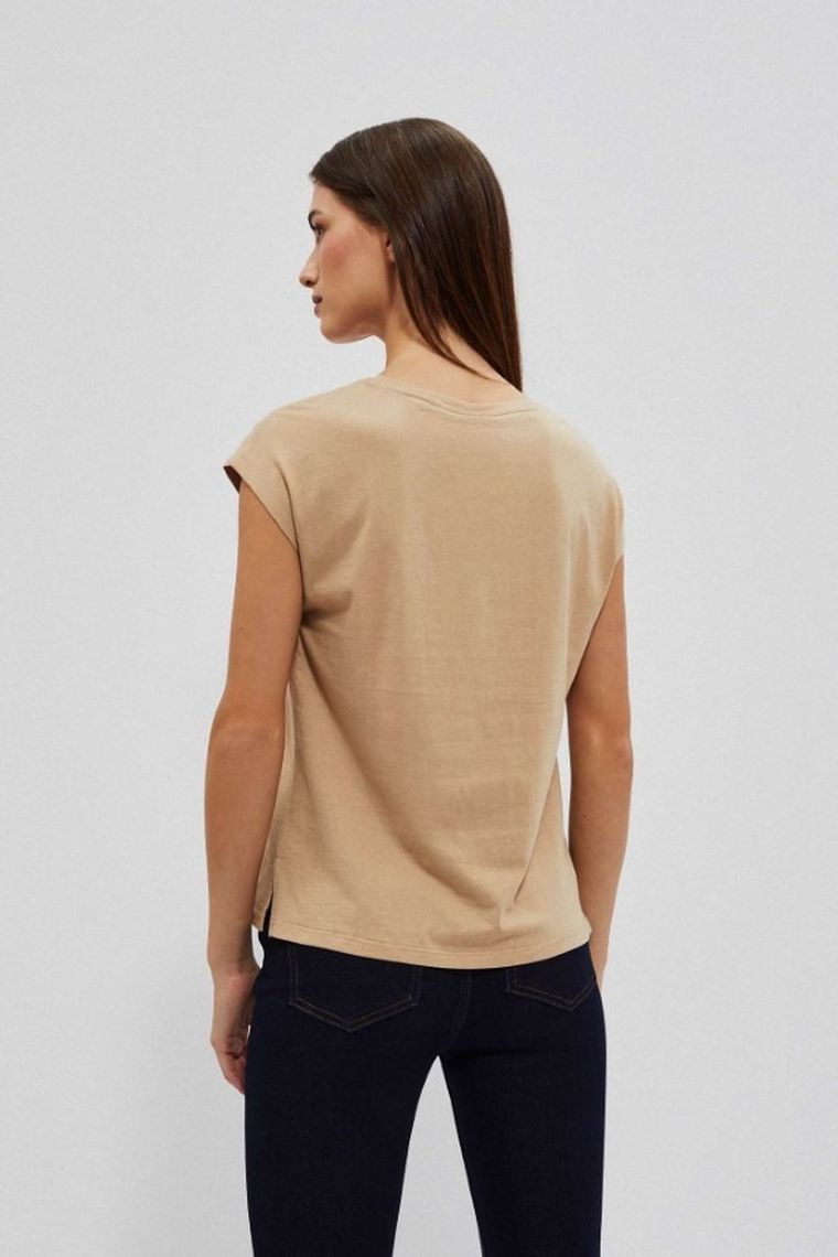 Bluzka damska z krótkim rękawem, beżowa, Moodo