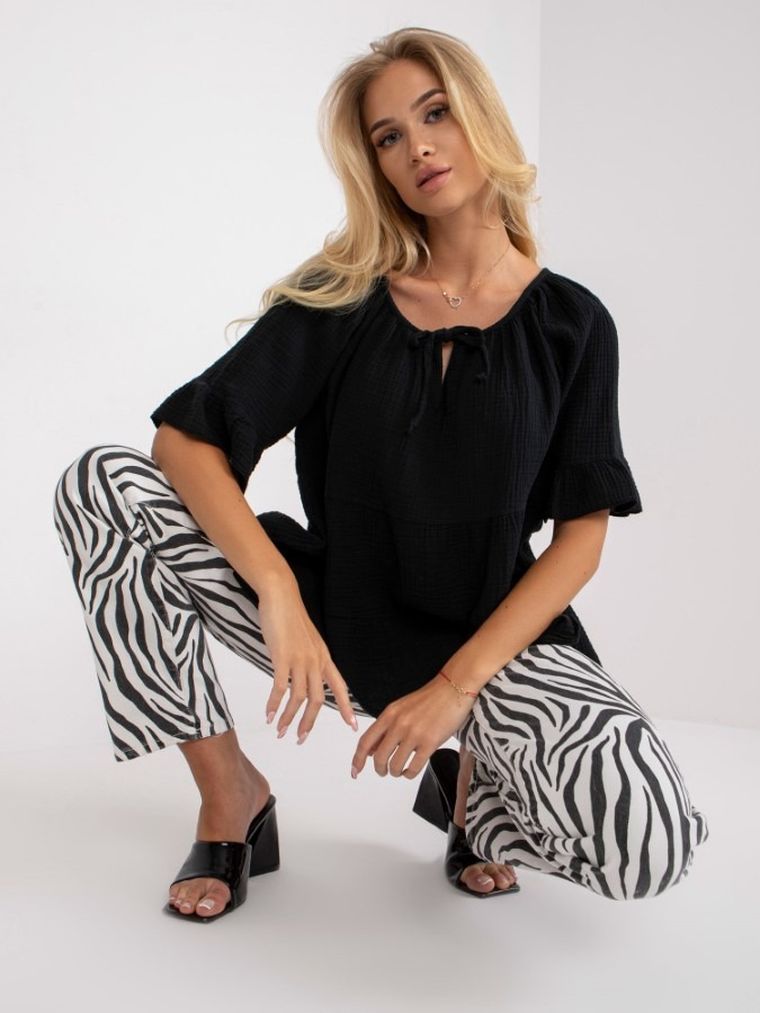 Bluzka damska z krótkim rękawem, oversize, czarna, Och Bella